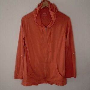 J. Jill Cotton Slub Hoodie Full Zip Roll Tab Sleeve Pouch Pockets Women’s Size M